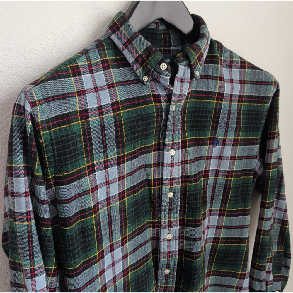 Ralph Lauren Mens Classic Fit Flannel Shirt L Green Plaid Button Down Pony